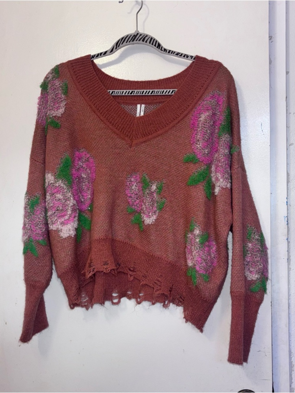Floral V-Neck Distressed Sweater - Dusty Rose